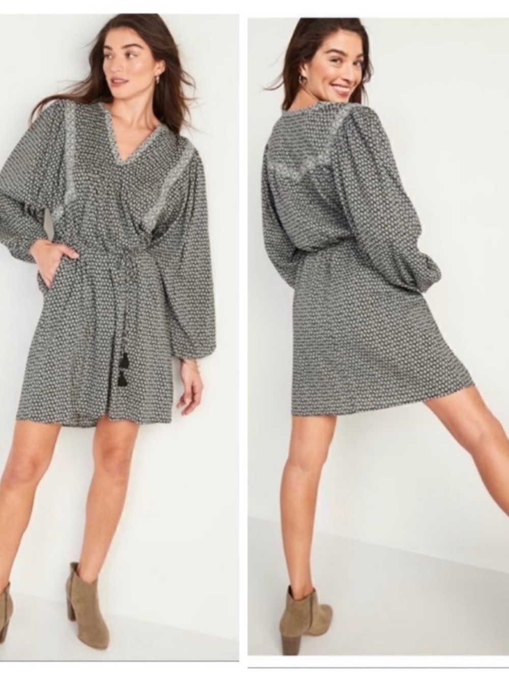 Old Navy Oversized Long-Sleeve Black Printed Mini Swing Dress pockets size M